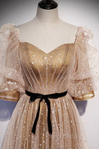 Champagne Tulle Long Party Dresses, Short Sleeves A-line Formal Dresses Evening Dresses