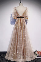 Champagne Tulle Long Party Dresses, Short Sleeves A-line Formal Dresses Evening Dresses