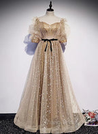 Champagne Tulle Long Party Dresses, Short Sleeves A-line Formal Dresses Evening Dresses