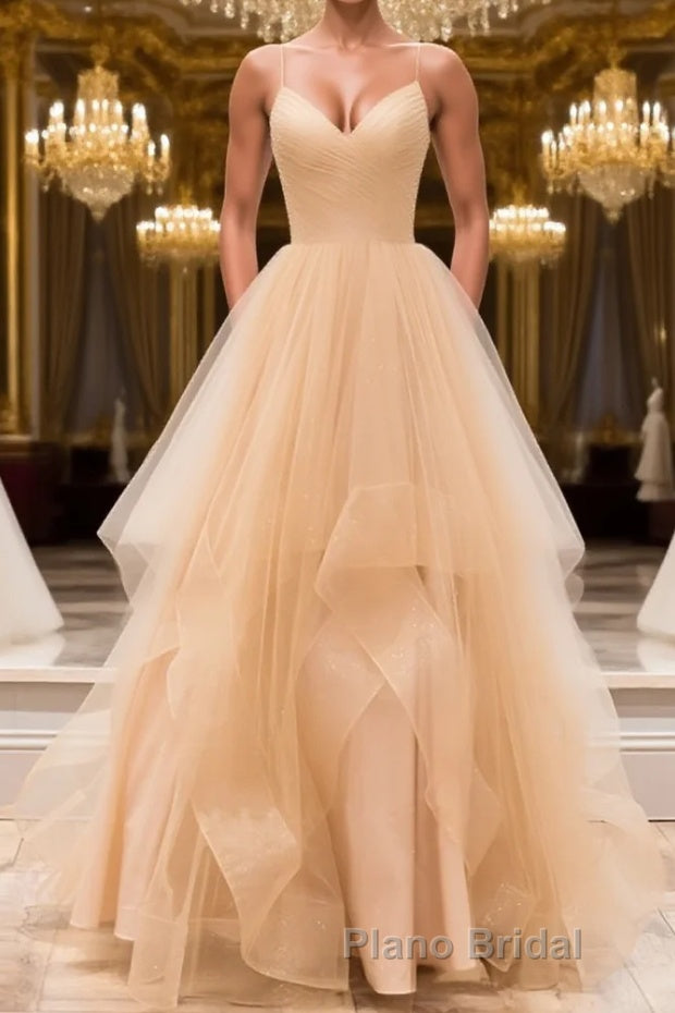 Champagne tulle long Formal Prom dress, champagne evening dress Main image