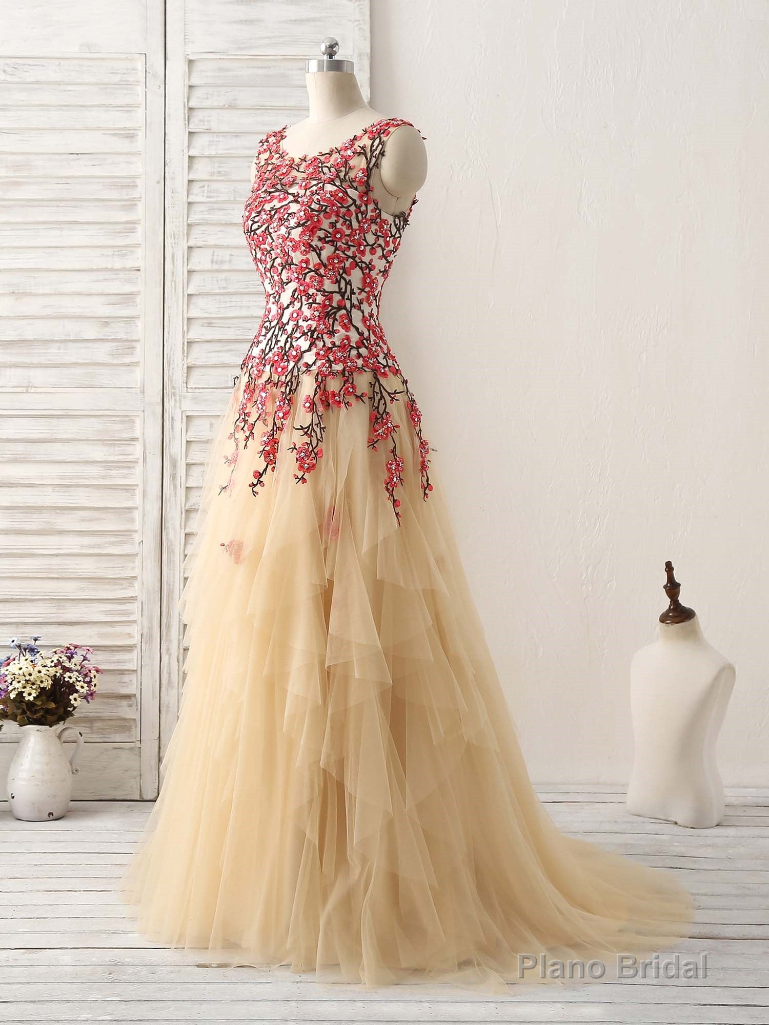 Champagne Tulle Long Prom Dress Lace Applique Evening Dress Secondary image