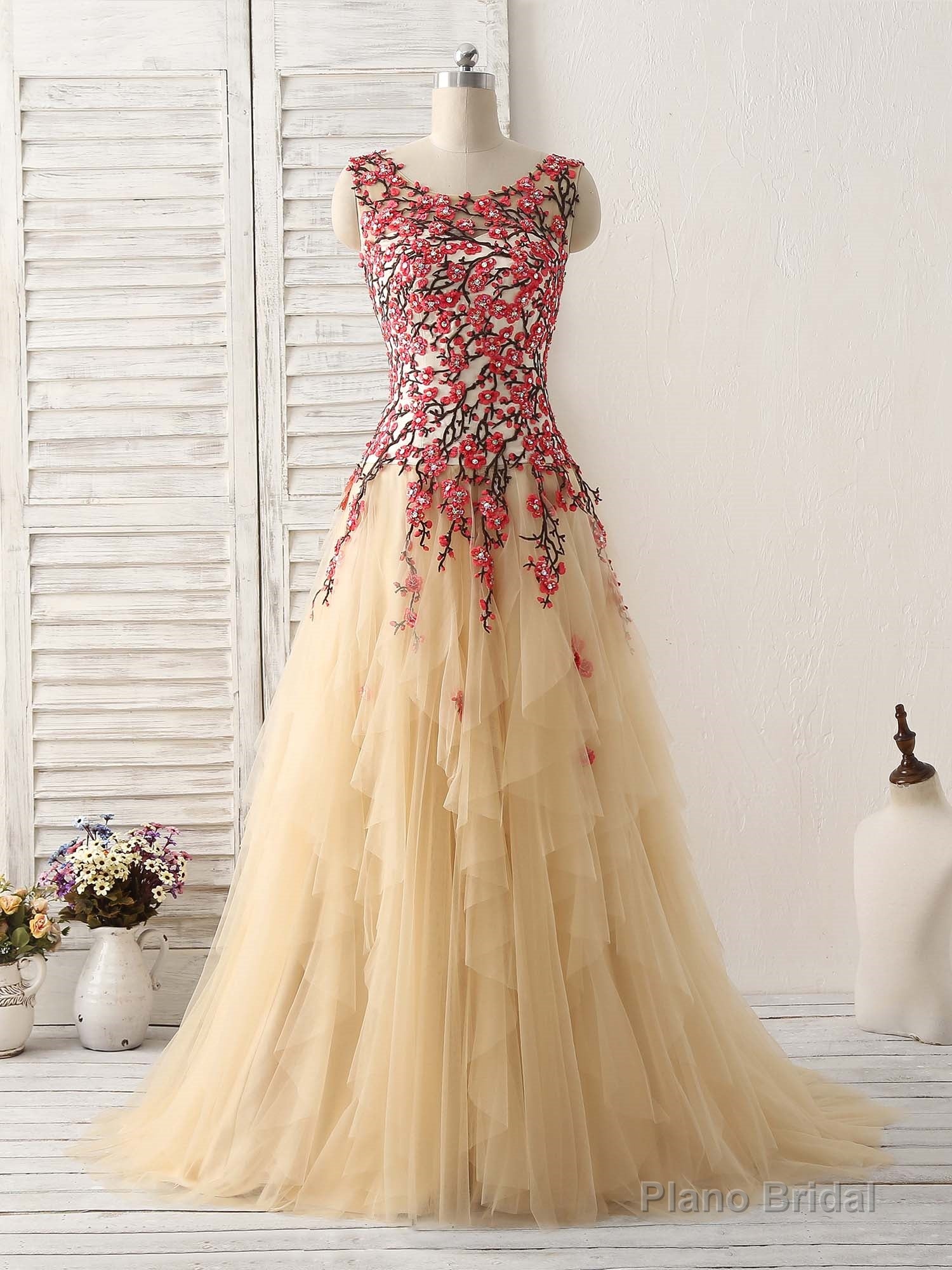 Champagne Tulle Long Prom Dress Lace Applique Evening Dress Main image