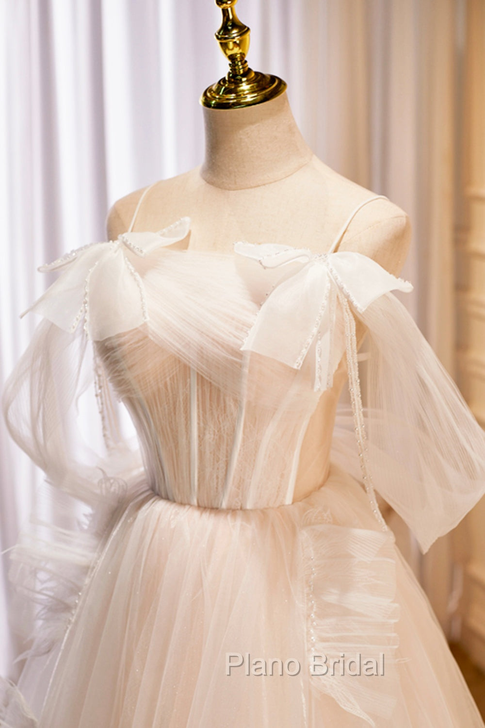 Champagne Tulle Long Formal Prom Dresses, Spaghetti Strap Evening Dresses with Bow