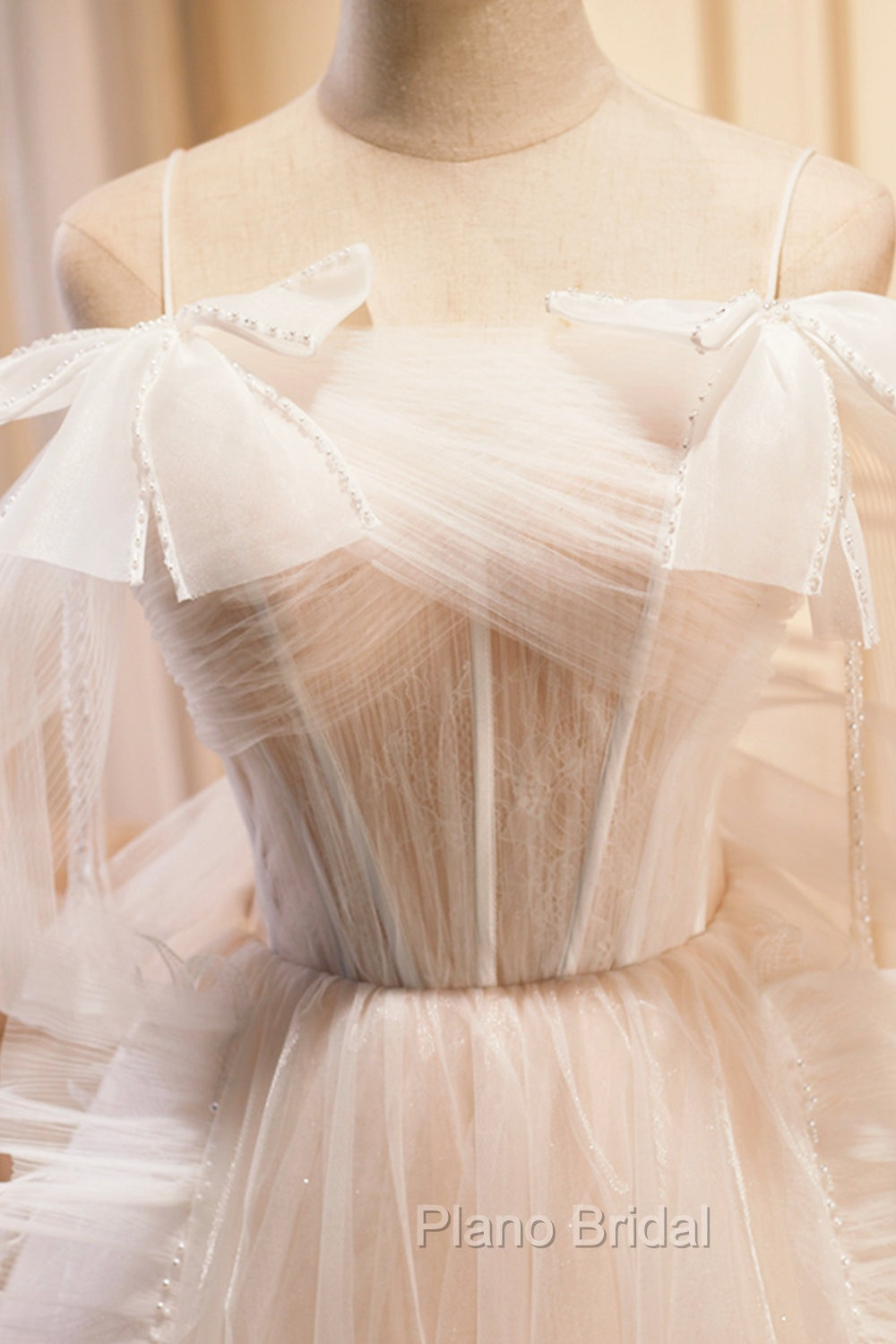 Champagne Tulle Long Formal Prom Dresses, Spaghetti Strap Evening Dresses with Bow