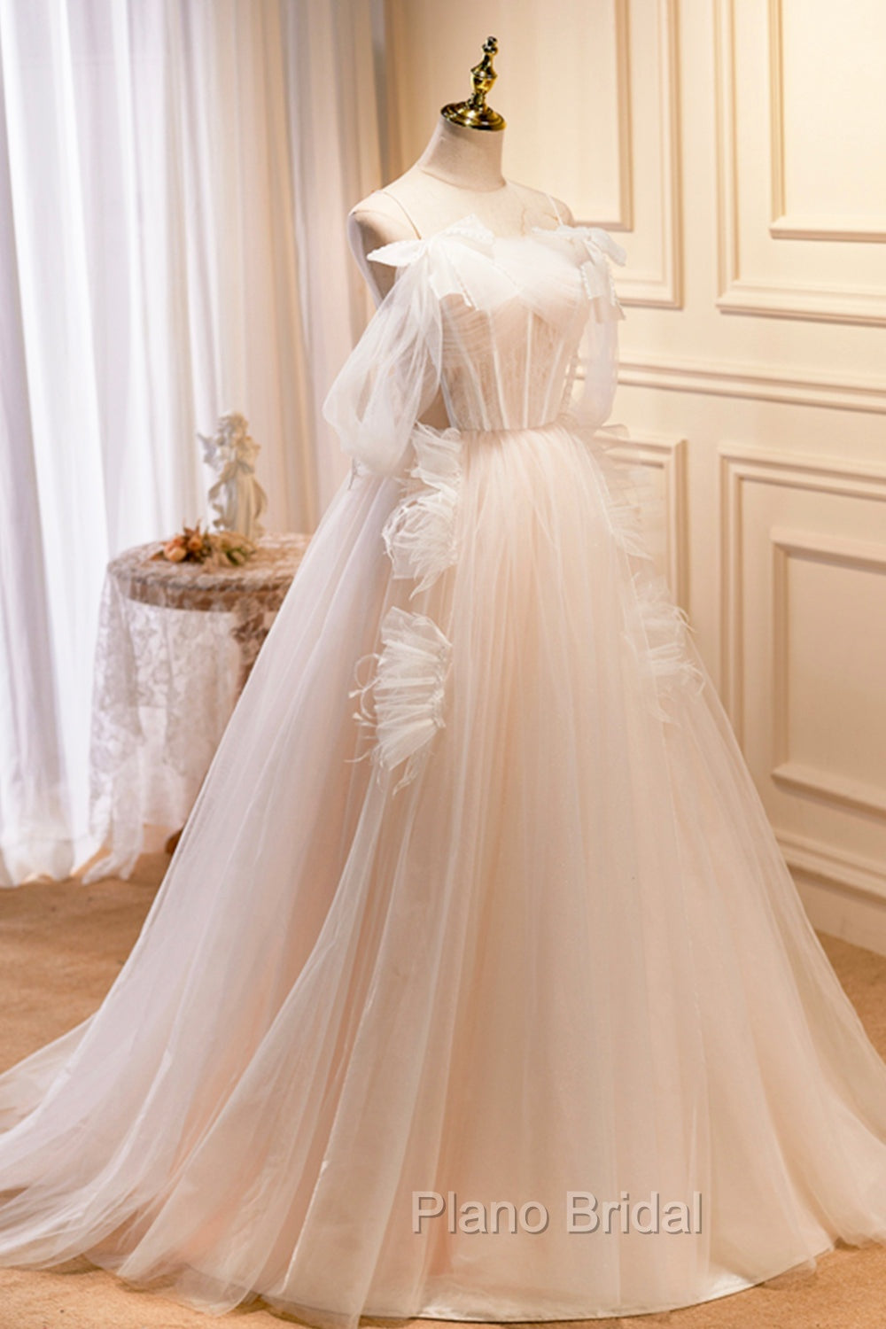 Champagne Tulle Long Formal Prom Dresses, Spaghetti Strap Evening Dresses with Bow