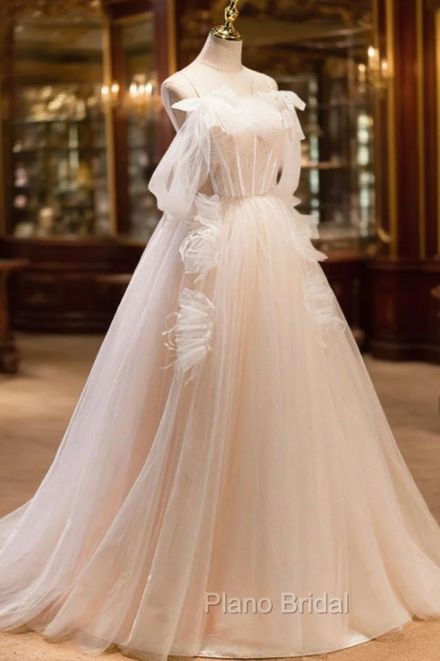 Champagne Tulle Long Formal Prom Dresses, Spaghetti Strap Evening Dresses with Bow