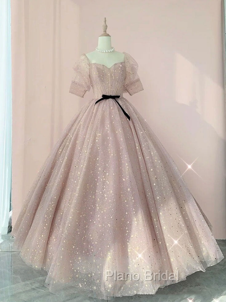 Champagne Tulle Long Formal Prom Dresses ,Tulle Lace Evening Dresses