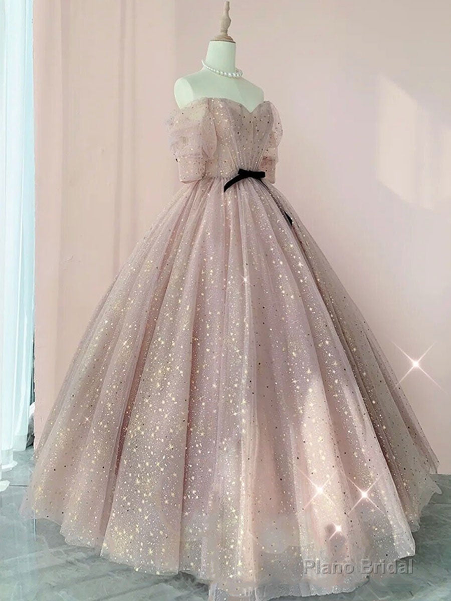 Champagne tulle long prom dress, tulle long evening dress Main image