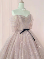 Champagne tulle long prom dress, tulle long evening dress