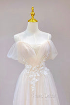 Champagne Tulle Long Formal Prom Dresses with Lace, Off the Shoulder Evening Dresses