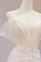 Champagne Tulle Long Formal Prom Dresses with Lace, Off the Shoulder Evening Dresses