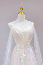Champagne Tulle Long Formal Prom Dresses with Lace, Off the Shoulder Evening Dresses