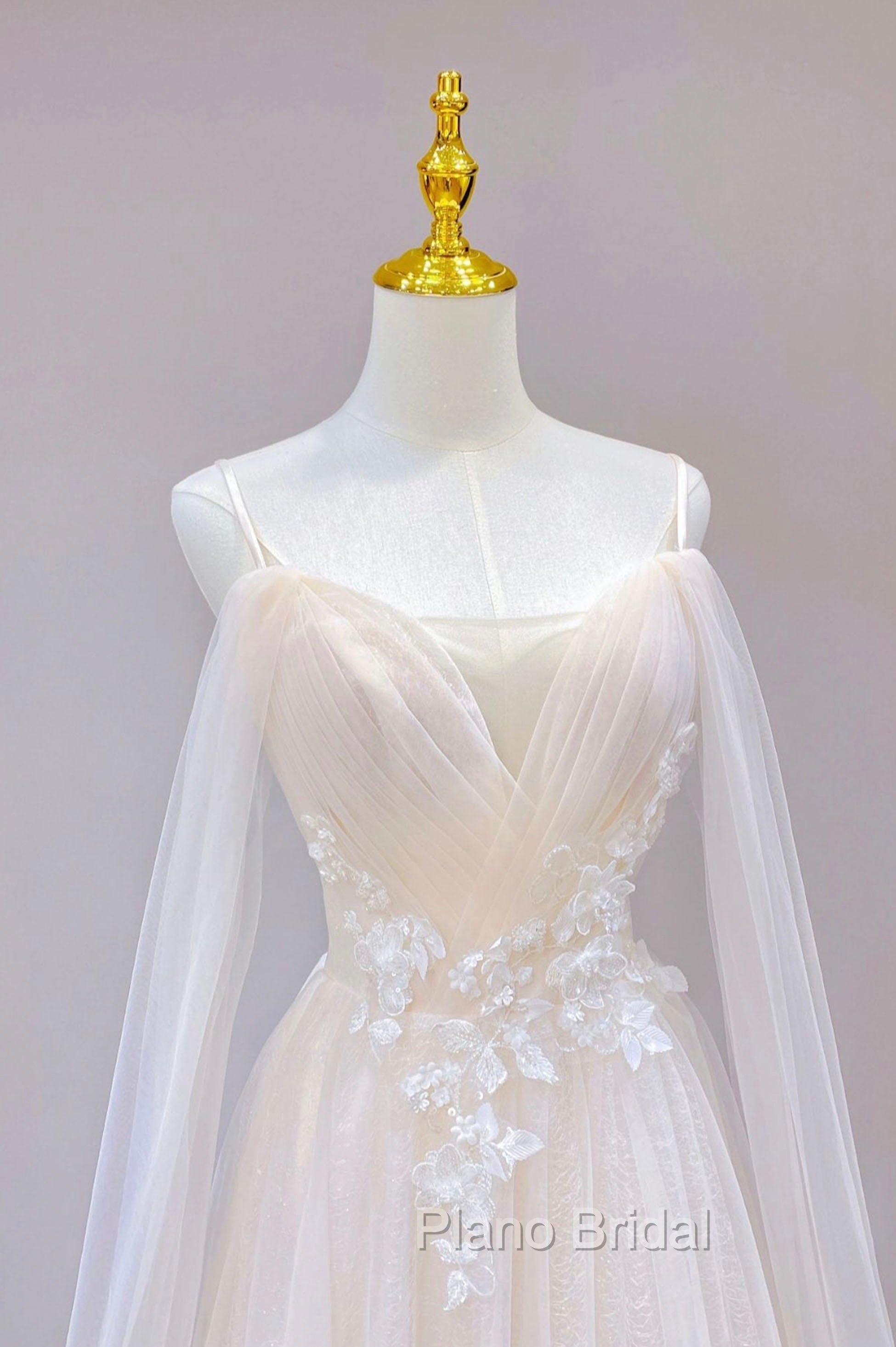 Champagne Tulle Long Formal Prom Dresses with Lace, Off the Shoulder Evening Dresses