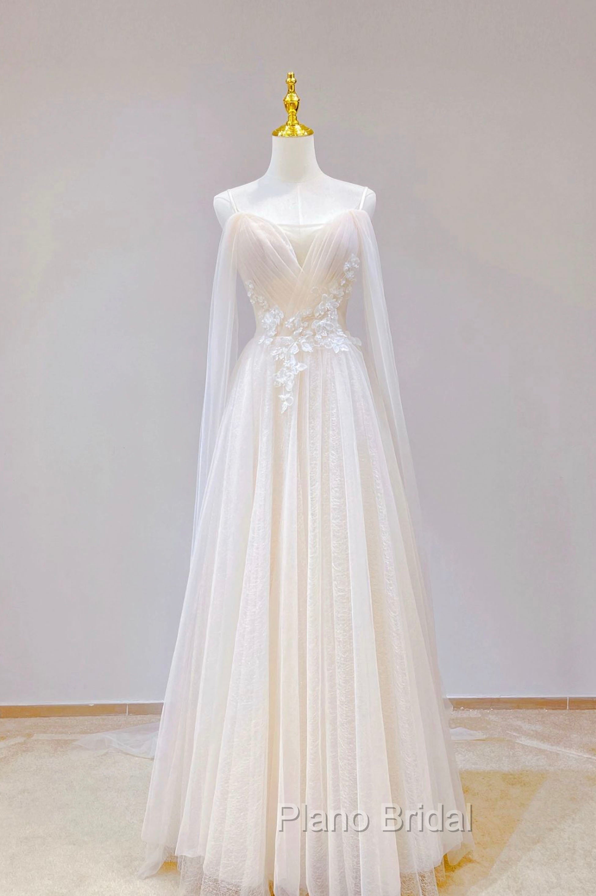 Champagne Tulle Long Formal Prom Dresses with Lace, Off the Shoulder Evening Dresses