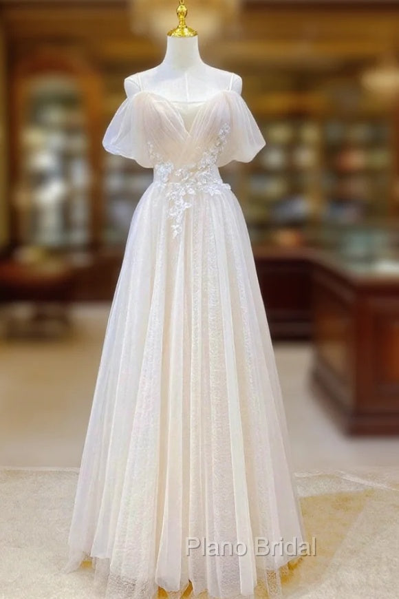 Champagne Tulle Long Formal Prom Dresses with Lace, Off the Shoulder Evening Dresses Main image