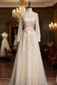 Champagne Tulle Long Sleeve Appliques Formal Prom Dresses