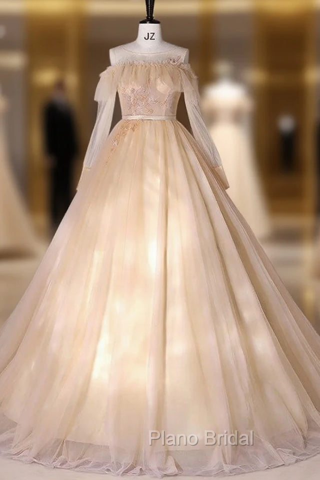 Champagne Tulle Long Sleeve Beading Quinceanera Dresses Main image