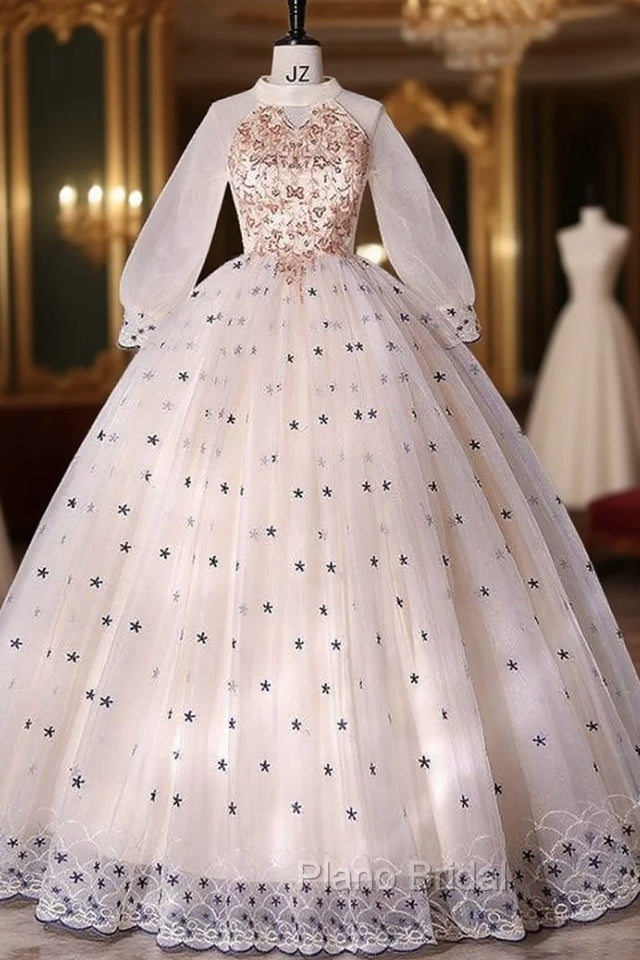 Champagne Tulle Long Sleeve High Neck Quinceanera Dresses Main image