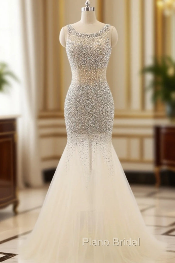 Champagne Tulle Mermaid Tulle Scoop Beaded Formal Prom Dresses Main image