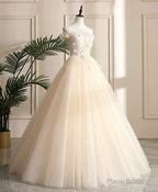 Champagne Tulle Off Shoulder Lace Long Prom Dress ,Sweet 16 Dress