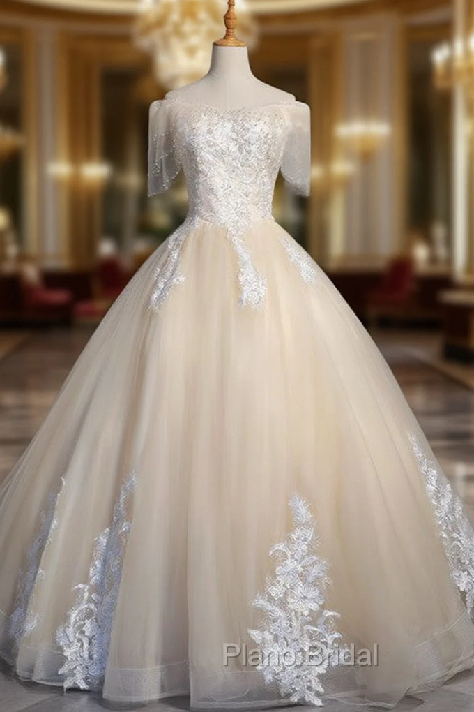 Champagne Tulle Off the Shoulder Appliques Beading Quinceanera Dresses Main image