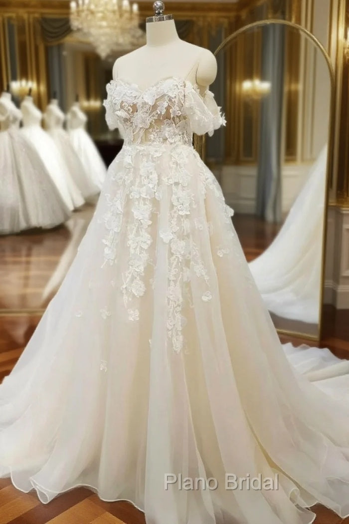 Champagne Tulle Off the Shoulder Appliques Wedding Dresses