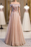 Champagne Tulle Off the Shoulder Beading Formal Prom Dresses
