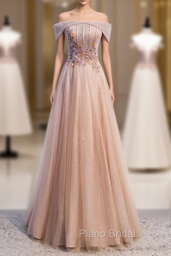 Champagne Tulle Off the Shoulder Beading Formal Prom Dresses