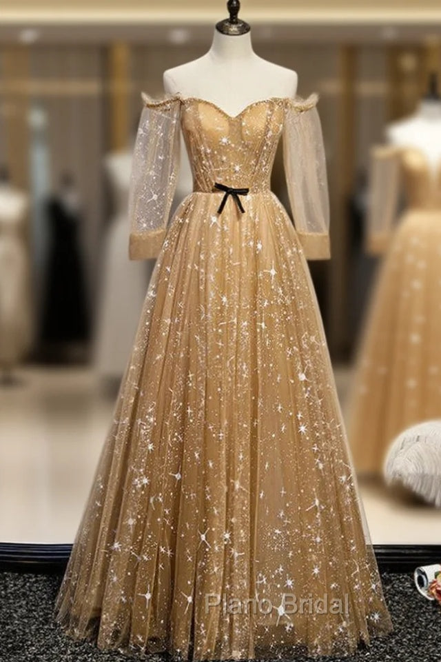 Champagne Tulle Off the Shoulder Embroidery Long Sleeve Formal Prom Dresses