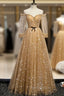Champagne Tulle Off the Shoulder Embroidery Long Sleeve Formal Prom Dresses
