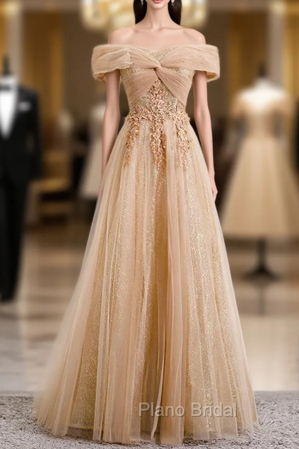 Champagne Tulle Off the Shoulder Embroidery Off the Shoulder Formal Prom Dresses Main image
