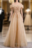 Champagne Tulle Off the Shoulder Embroidery Off the Shoulder Formal Prom Dresses