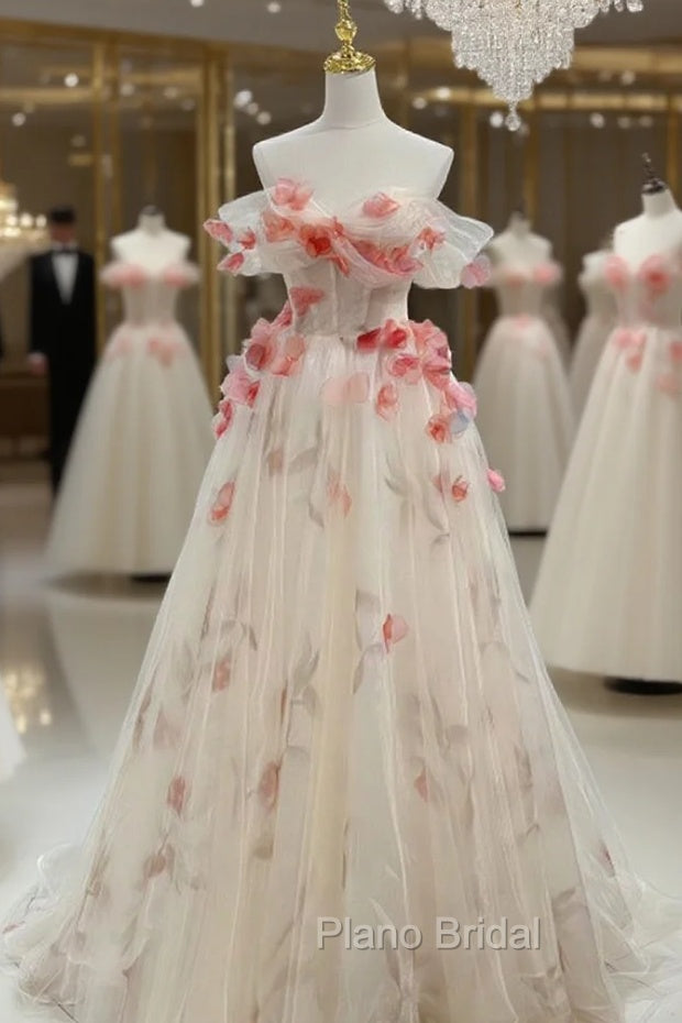 Champagne Tulle Off the Shoulder Flower Princess Formal Prom Dres Main image