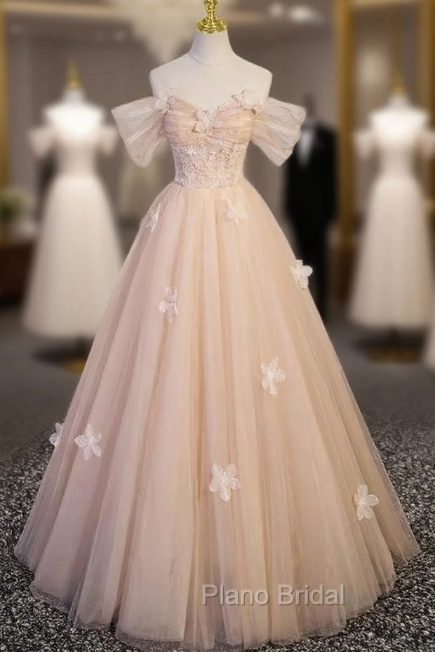 Champagne Tulle Off the Shoulder Flower Formal Prom Dresses Main image