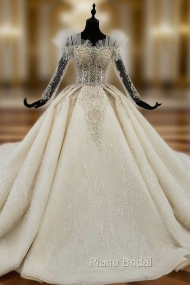 Champagne Tulle Off the Shoulder Long Sleeve Beading Wedding Dresses Main image