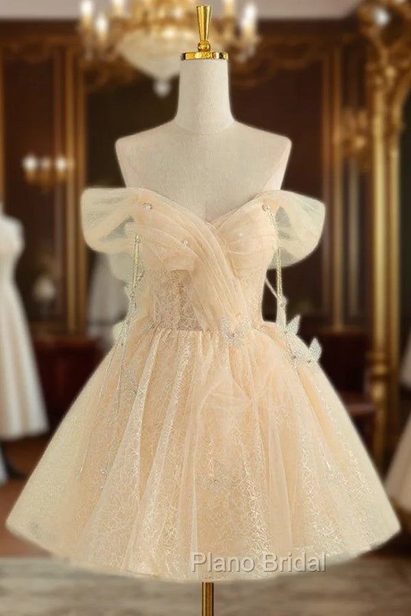 Champagne Tulle Off the Shoulder Pleats Homecoming Dresses Main image