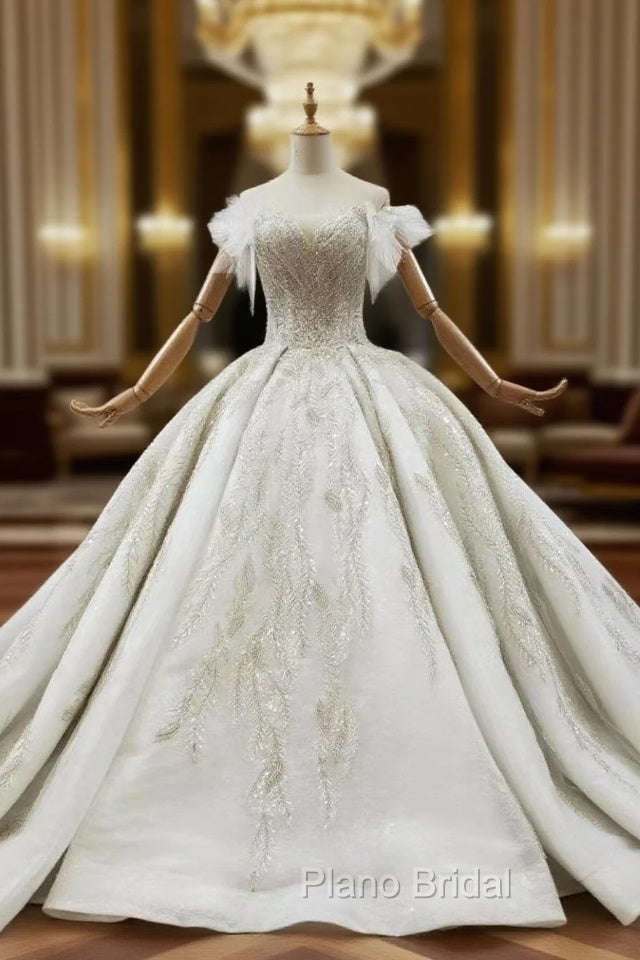 Champagne Tulle Off the Shoulder Sequins Appliques Wedding Dresses Main image