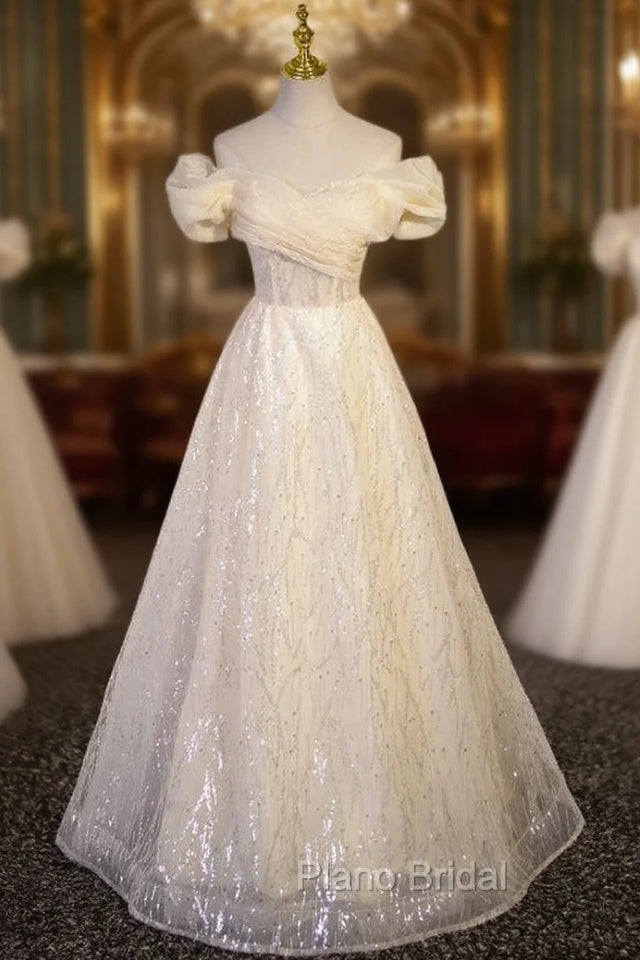 Champagne Tulle Off the Shoulder Sequins Formal Prom Dresses Main image