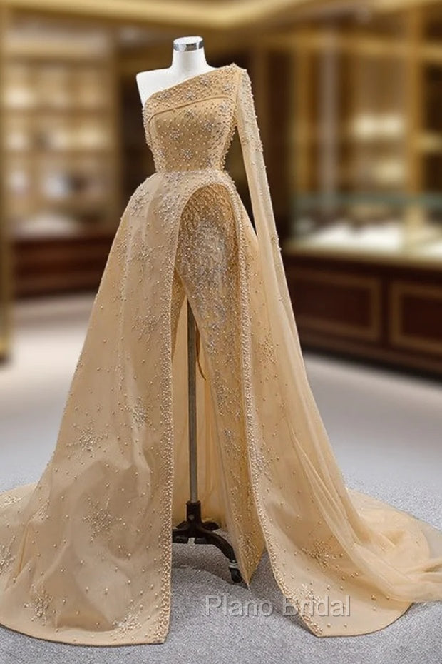 Champagne Tulle One Shoulder Pearls Formal Prom Dresses Main image