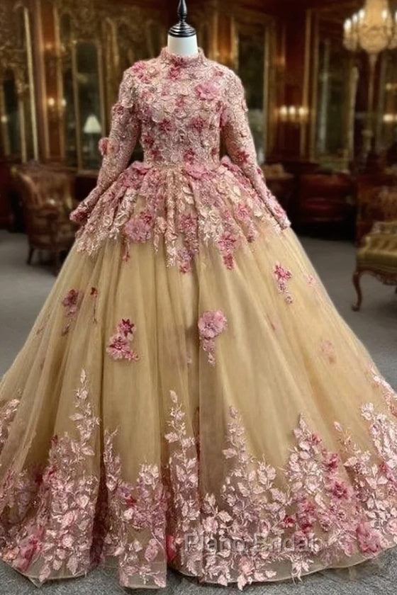 Champagne Tulle Pink 3D Appliques Long Sleeve Formal Prom Dresses