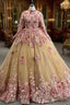 Champagne Tulle Pink 3D Appliques Long Sleeve Formal Prom Dresses