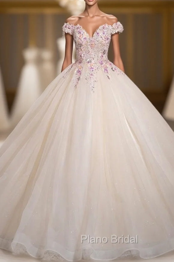 Champagne Tulle Pink Sequins Off the Shoulder Quinceanera Dresses Main image