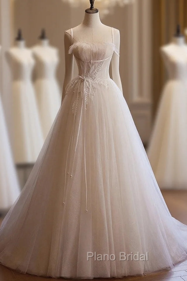 Champagne Tulle Pleats Spaghetti Straps Wedding Dresses Main image