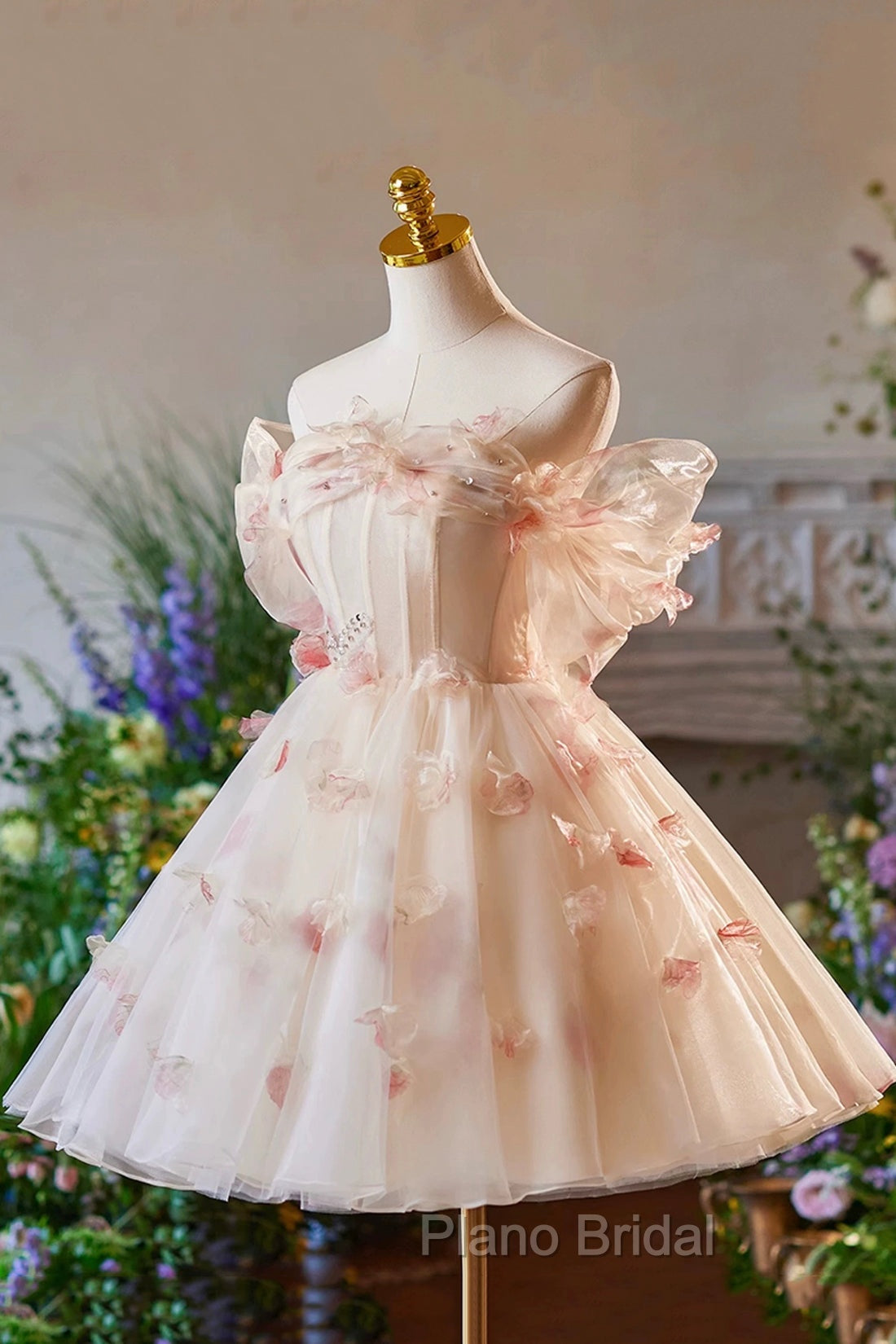Champagne Tulle Print Knee Length Formal Prom Dresses, Lovely Off the Shoulder Backless Party Dresses