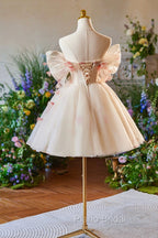 Champagne Tulle Print Knee Length Formal Prom Dresses, Lovely Off the Shoulder Backless Party Dresses