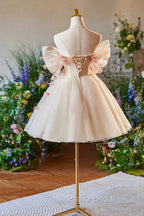 Champagne Tulle Print Knee Length Formal Prom Dresses, Lovely Off the Shoulder Backless Party Dresses