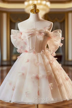 Champagne Tulle Print Knee Length Formal Prom Dresses, Lovely Off the Shoulder Backless Party Dresses