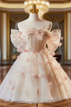 Champagne Tulle Print Knee Length Formal Prom Dresses, Lovely Off the Shoulder Backless Party Dresses