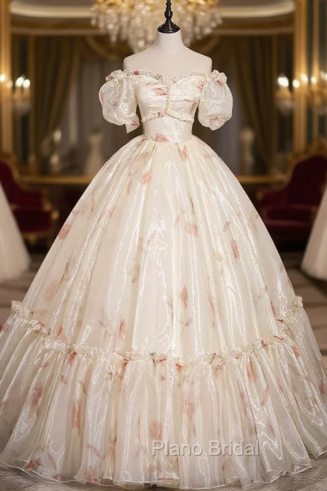 Champagne Tulle Print Off the Shoulder Beading Quinceanera Dresses Main image