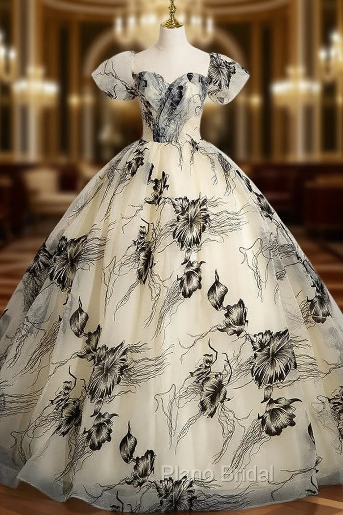 Champagne Tulle Print Off the Shoulder Quinceanera Dresses